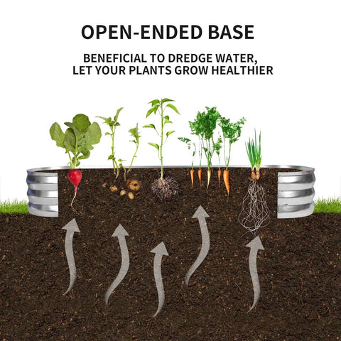 Diagram of 67 Inch Galvanized Raised Garden Bed For Vegetables And Flowers Outdoor Planter Box with open-ended base showing plant roots.
