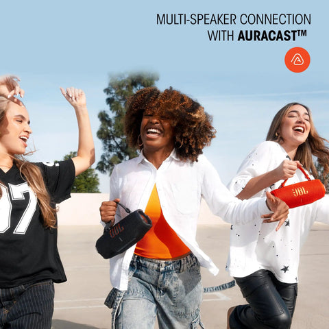 Group enjoying Charge 6 Portable Waterproof Bluetooth Speaker With AI Sound Boost, Auracast stereo pairing outdoors.