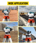 Super Precise 26X Automatic Transit Level Kit For Builders And Surveyors With 40mm Lens Offering High Accuracy Of 1/16 Inch At 100 Feet And Max Range Of 393 Feet Self Leveling Magnetic Dampened Compensator With Transport Lock IP54 Waterproof in various construction site applications.