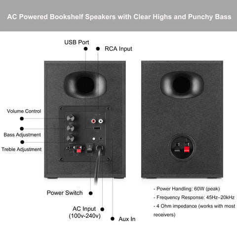 80W Peak Bluetooth 5.3 Bookshelf Speakers With 4 Inch Woofer and 1 Inch Silk Dome Tweeter, rear view with ports and controls