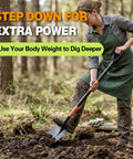 Person using Heavy Duty Garden Shovel With 47 Inch Detachable D Handle And Anti Slip Grip, Steel Blade in forest soil