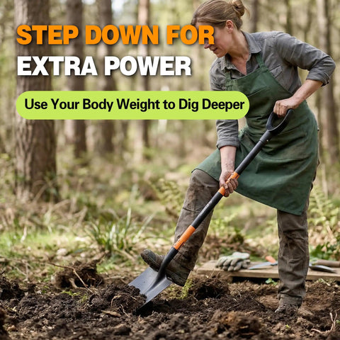 Person using Heavy Duty Garden Shovel With 47 Inch Detachable D Handle And Anti Slip Grip, Steel Blade in forest soil