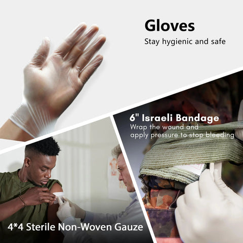 IFAK Refill Kit components: disposable gloves, 4x4 sterile non-woven gauze, 6-inch Israeli bandage.