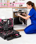 Person using All In One 412 Piece Home And Auto Tool Set With Drawer Organizer And Case For Women And Men Great For Home Repairs DIY Projects.