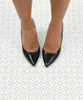 Geometric White And Off White Peel And Stick Floor Tiles 12 Inch Square Pack Of 10 Vinyl Lattice Pattern beneath black heels