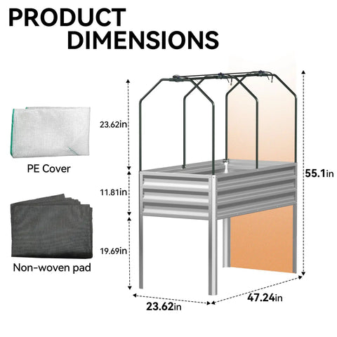 Self Watering Galvanized Raised Garden Bed With Legs And PE Cover For Vegetables And Flowers Outdoor Elevated Planter Box 48 By 24 By 56 Inches Easy Hands Free Watering For Backyard Patio Balcony shown with PE cover and dimensions