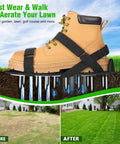 Preassembled Lawn Aerator Shoes for Grass Easy Fit With Adjustable Straps For Women And Men Durable Aluminum Base No Slip Yard Aerator Tool For Patio Garden And Lawn Care showing aeration process with grass improvement.