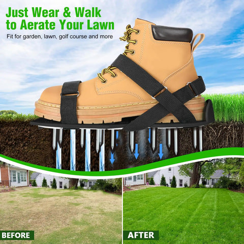 Preassembled Lawn Aerator Shoes for Grass Easy Fit With Adjustable Straps For Women And Men Durable Aluminum Base No Slip Yard Aerator Tool For Patio Garden And Lawn Care showing aeration process with grass improvement.