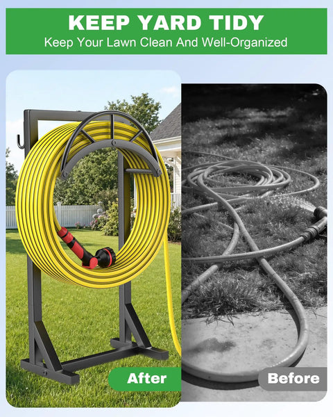 Sturdy Metal Hose Holder And Freestanding Hose Storage Rack With Two Tool Hooks For Outdoor Yards Farms And Lawns Black Finish