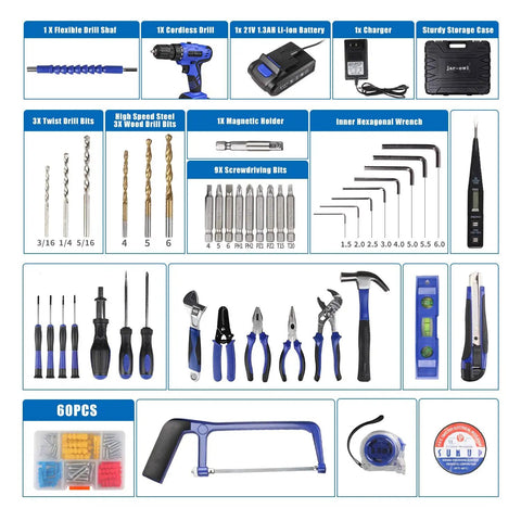 21V Cordless Drill Kit With 350 In Lb Torque, Variable Speed 0-1350 RPM, 10mm 3/8 Inch Keyless Chuck, 18 Plus 1 Clutch, 1.5Ah Li-Ion Battery And Charger, 107 Piece Home Tool Set For Quick DIY Projects