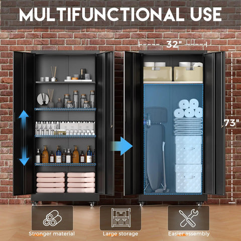 Beefy Heavy Duty Steel Rolling Storage Cabinet On Wheels With Locking Doors 73 Inch Tall showing interior shelves