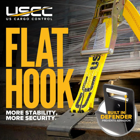 Heavy Duty 2 Inch X 18 Foot Flat Hook Ratchet Straps 2 Pack With 10000 Lbs Break Strength showing flat hook and built-in defender.