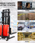 Fworkleft Semi Electric Pallet Stacker with 3300 lb capacity and lithium battery powered walkie design in warehouse setting.