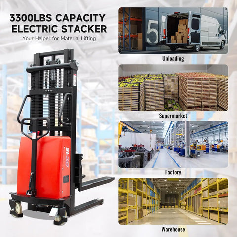 Fworkleft Semi Electric Pallet Stacker with 3300 lb capacity and lithium battery powered walkie design in warehouse setting.