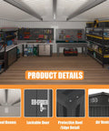Interior view of 14x12 Ft Metal Outdoor Storage Shed With Lockable Door And Sloped Roof For Heavy Duty Weatherproof Galvanized Steel Construction highlighting features like shelving, workbenches, and storage solutions for tools.