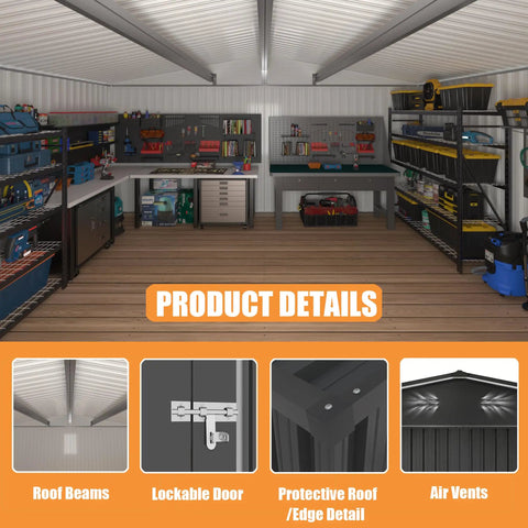 Interior view of 14x12 Ft Metal Outdoor Storage Shed With Lockable Door And Sloped Roof For Heavy Duty Weatherproof Galvanized Steel Construction highlighting features like shelving, workbenches, and storage solutions for tools.