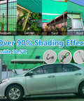 90 Percent Blackish Green Shade Cloth 6.5x10 Ft Beefy HDPE Shade Net With Reinforced Grommets shown covering a car and house areas