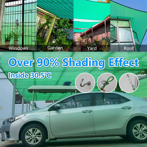 90 Percent Blackish Green Shade Cloth 6.5x10 Ft Beefy HDPE Shade Net With Reinforced Grommets shown covering a car and house areas