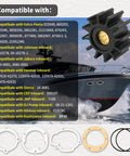 Water Pump Impeller 2-1/4 Inch For Volvo Penta Johnson Sierra Marine Engines, shown with compatibility list and boat image