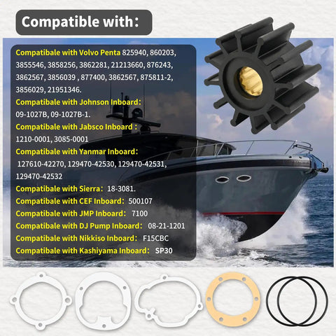 Water Pump Impeller 2-1/4 Inch For Volvo Penta Johnson Sierra Marine Engines, shown with compatibility list and boat image
