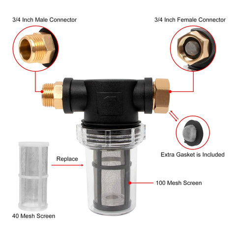 Inline Garden Hose Filter Set For Pressure Washer Inlet Water With 100 Mesh And 40 Mesh Screens, 3/4 Inch Thread, connectors