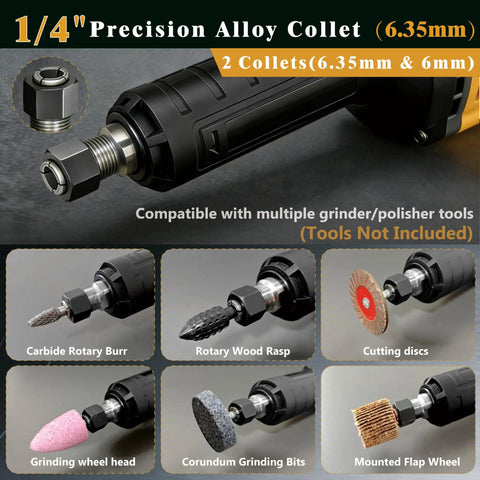 1/4" Precision Alloy Collet 6.35mm with various attachments for Built Like A Tank Cordless Die Grinder use.