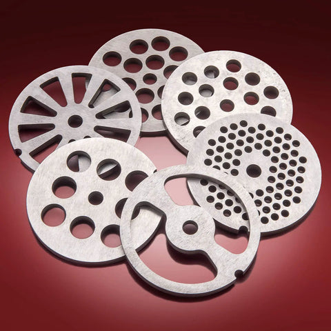 Six stainless steel grinding plates for STX Turboforce II Electric Meat Grinder, designed for various grinding textures.