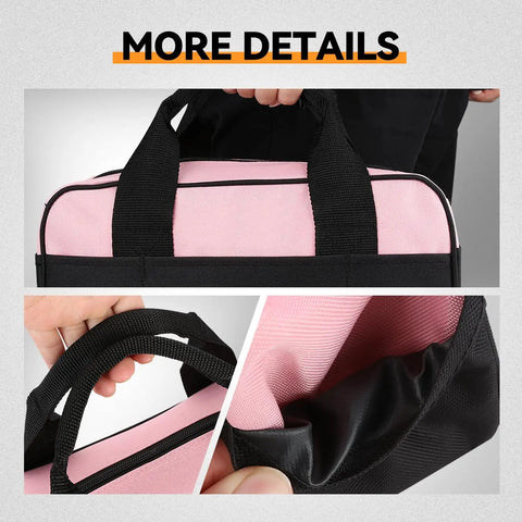 Close-up views of pink canvas storage bag from Pink 7 Piece Tool Kit For Home DIY With Screwdriver Pliers Measuring Tape Level Scissors And Wide Open Mouth Canvas Storage Bag A Handy Set For Quick Fixes And Everyday Projects.