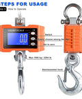 Heavy Duty Digital Crane Scale 1000kg 2000lb For Indoor Outdoor Use with backlit LCD, stainless steel hook, rugged aluminum case