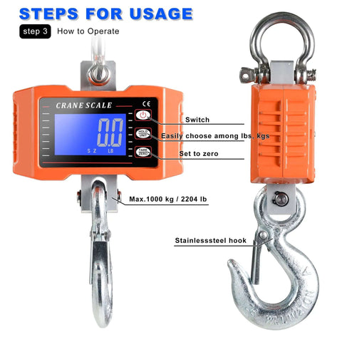 Heavy Duty Digital Crane Scale 1000kg 2000lb For Indoor Outdoor Use with backlit LCD, stainless steel hook, rugged aluminum case