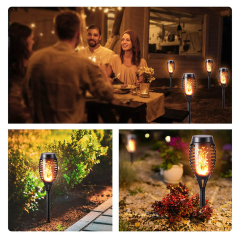 Six Pack Solar Torch Lights With Realistic Flickering Flame illuminating garden and patio, enhancing evening ambiance.