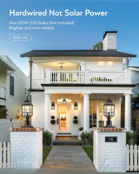 Outdoor Dusk To Dawn Post Light With A 3 Inch Pier Mount Base 19 Inch Tall Exterior Lantern Featuring Tempered Glass Anti Rust Die Cast Aluminum Construction Matte Black Hardwired 120V Lamp Post For Homes And Driveways illuminating a driveway.
