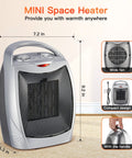 Compact Ceramic Space Heater 1500W 750W With Thermostat For Office And Bedroom, silver design with handle and fan view