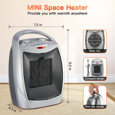 Compact Ceramic Space Heater 1500W 750W With Thermostat For Office And Bedroom, silver design with handle and fan view