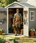 Person standing in front of 6x4 Ft Outdoor Resin Storage Shed With Floor And Window, All Weather Waterproof Plastic Garden Tool Shed With Lockable Double Doors And Ramp For Mower And Bike, Backyard Storage Gray, tools hanging inside