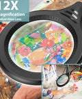 Real Glass 12X Magnifying Floor Lamp With Light And Stand showing close-up of painting under magnification on desk.
