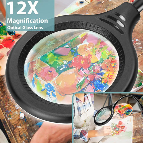 Real Glass 12X Magnifying Floor Lamp With Light And Stand showing close-up of painting under magnification on desk.