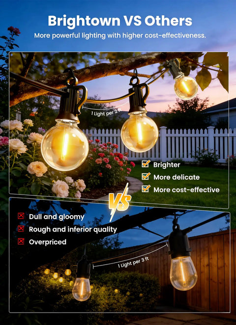 Solar string lights outdoor with remote control on a tree branch in a garden setting, comparing brightness and cost-effectiveness.