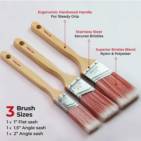 Three brushes from Eight Piece Painting Roller Kit With Tray And Brushes, hardwood handles, stainless steel ferrules, bristle blend.