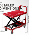 Dimensions of Heavy Duty 500 Lb Hydraulic Manual Scissor Lift Table Cart With Wheel Lock And Foot Pedal shown in measurements.