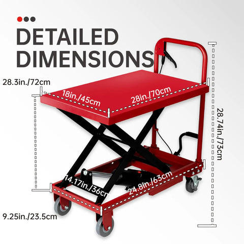 Dimensions of Heavy Duty 500 Lb Hydraulic Manual Scissor Lift Table Cart With Wheel Lock And Foot Pedal shown in measurements.