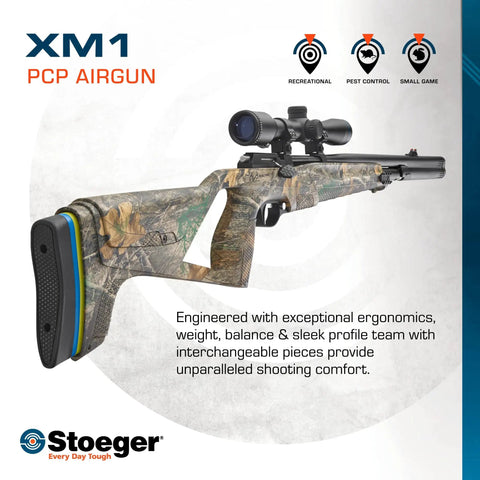 XM1 PCP Air Rifle With Scope In.22 Caliber Realtree Edge Camouflage Fiber Optic Sights displayed at an angle
