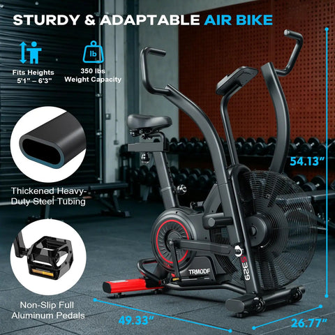 Indoor Upright Air Resistance Fan Bike With Bluetooth, Infinite Air System, dual handlebars, home gym setting