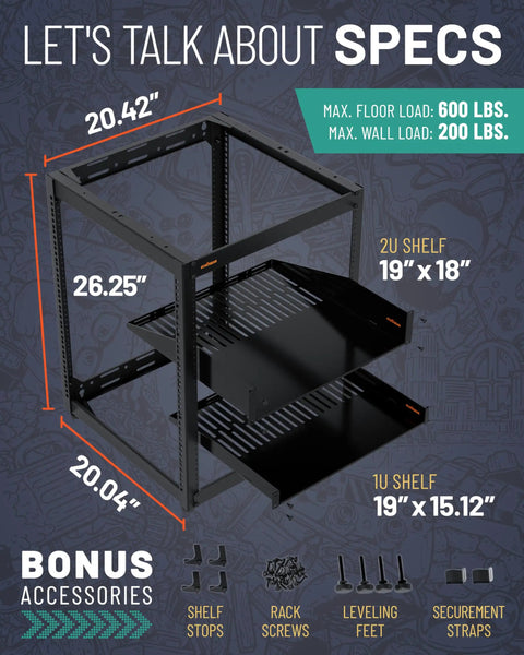 15U Open Frame Server Rack With Wall Mountable Design Including Vented Shelves, 25 Rack Screws, Four Leveling Feet, Shelf Stops, And Securement Straps