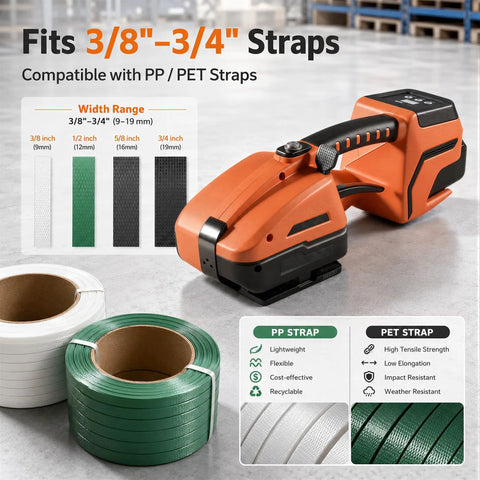 Heavy Duty Workhorse Electric Strapping Machine For Pallet Wrapping with 3/8 to 3/4 inch PP PET straps and two rolls of straps.