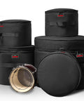 Superior Grade Five Piece Padded Drum Case Set Featuring Hella Heavy Duty Construction For 22 Inch Kick 12 And 13 Inch Rack Toms 16 Inch Floor Tom And Snare Pro Gear with black nylon design.
