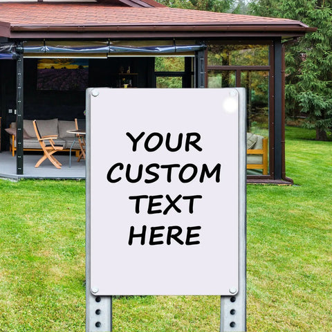 Two Pack Of Crisp White Blank Metal Signs Built Tough With Rust Free Aluminum Easy Wall Mounts For Indoor Or Outdoor Display Perfect For Diy Crafting And Personalized Projects 10 By 7 Inches in a garden setting.