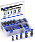 Front view: clear plastic case with 50 TAILONZ pneumatic push-to-connect air fittings (black body, blue collars).