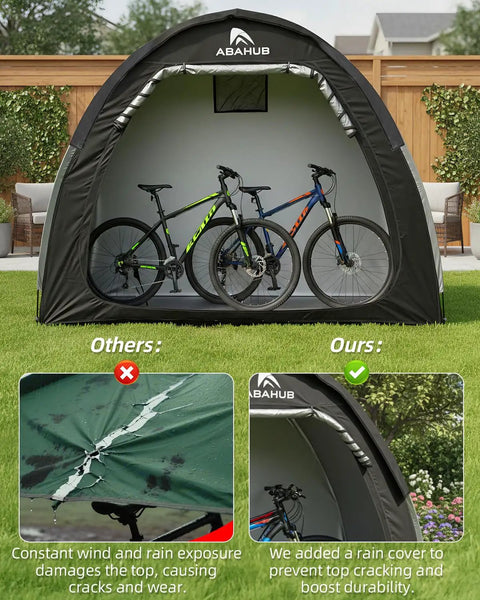 Portable Bike Storage Shed Tent For Outdoor Use Fits 1 To 2 Bicycles With Rain Cover; compares damage vs. protection.