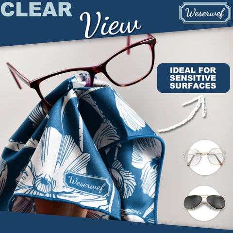 WESERWEF microfiber glasses cleaning cloth, blue floral pattern, 12 x 12 inches, with eyeglasses